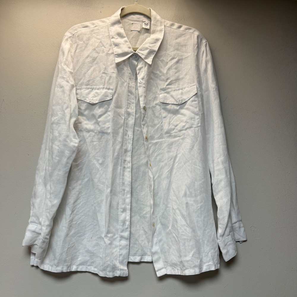 Chico's Lino Button Down Shirt Womens 2 White Excellent Linen Utility Pockets